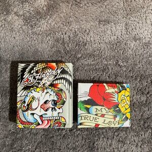 Ed Hardy Mens White Tattoo Flash Skull Eagle Bifold Wallet NEW WBox